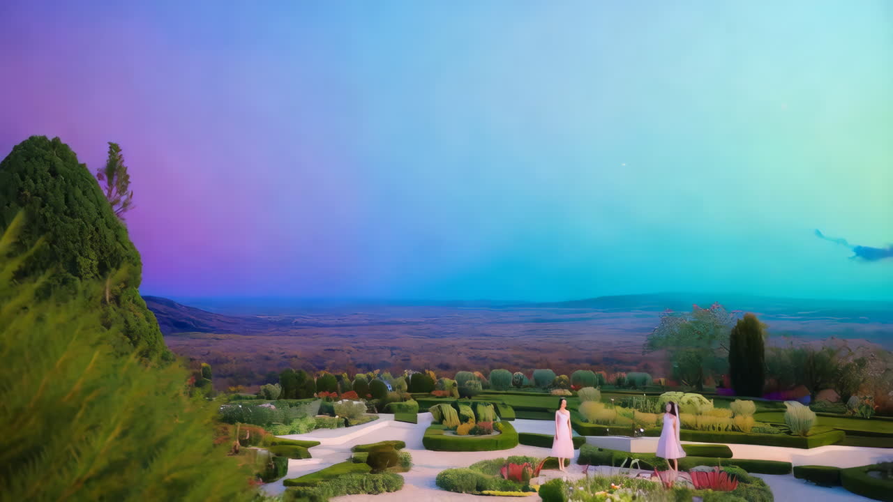 Elegant Women in a Colorful Garden Landscape at Sunset