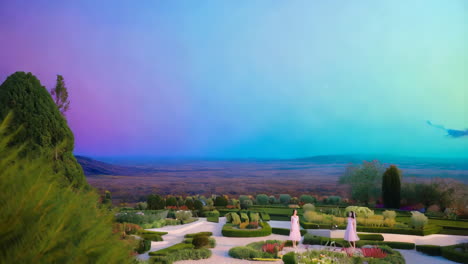elegant women in a colorful garden landscape at sunset