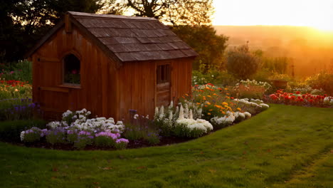 charming wooden garden shed surrounded by colorful flowers at sunset