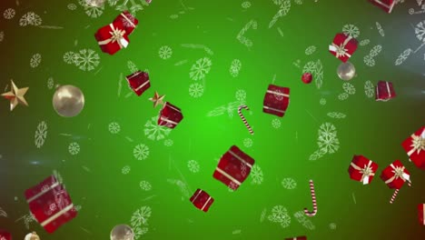Snowflakes-and-multiple-christmas-concept-icons-falling-against-green-background