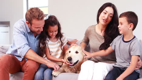 loving family stroking dog while sitting on sofa