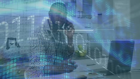 animation of digital data processing over african american man using smartphone