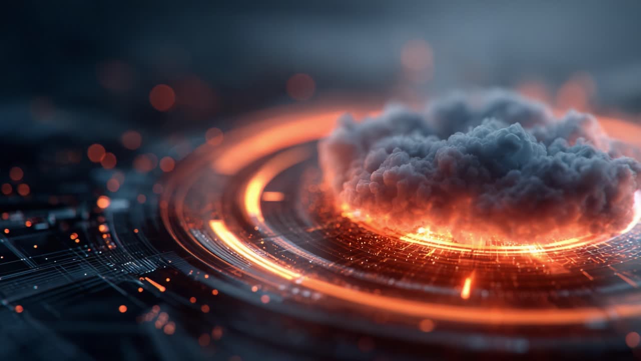 A mesmerizing display of swirling clouds surrounded by vibrant orange and glowing circular patterns, showcasing a stunning blend of technology and nature