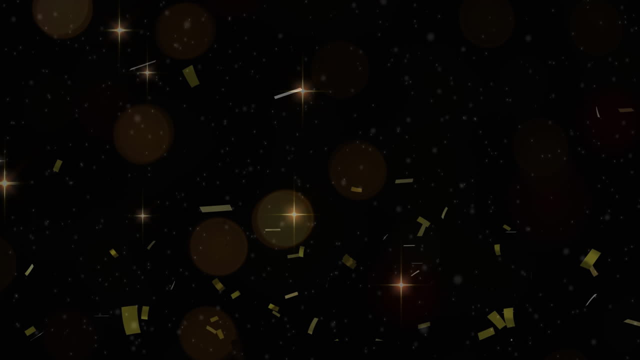 Golden confetti and glowing stars moving against black background