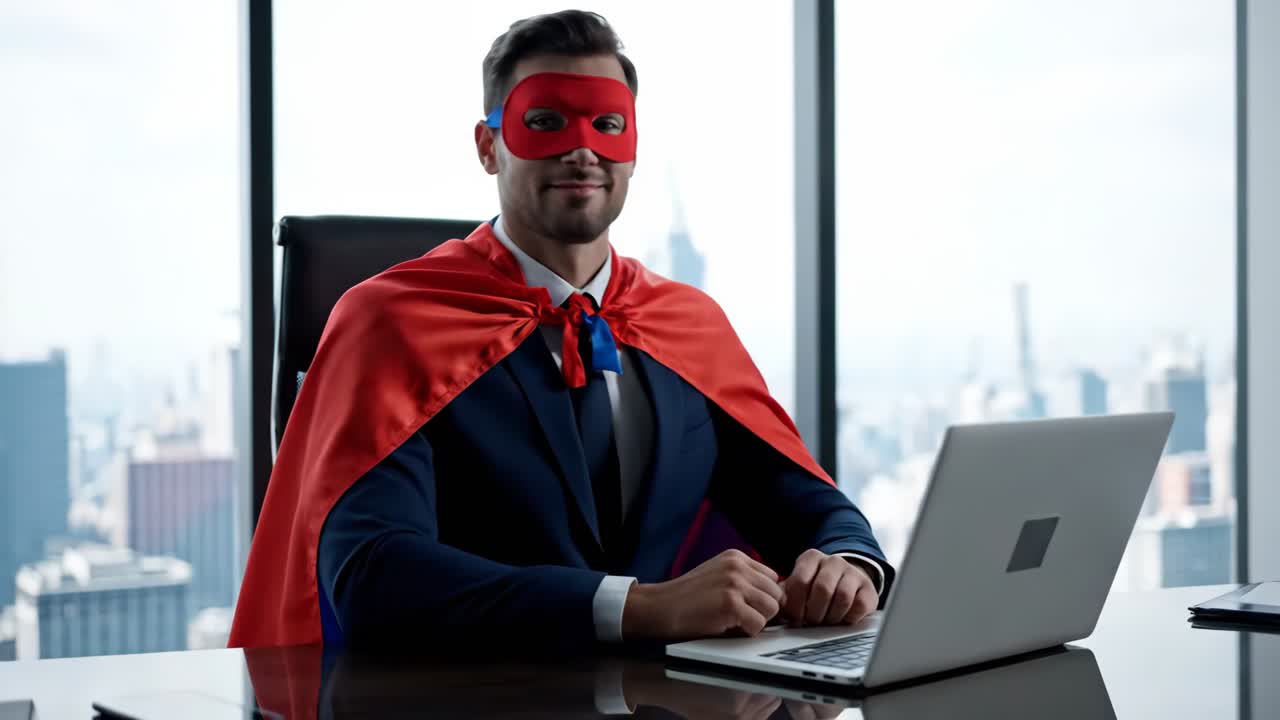 Superhero businessman working on laptop in office