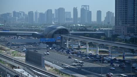 Dubai City Highway with Metro Station and Traffic