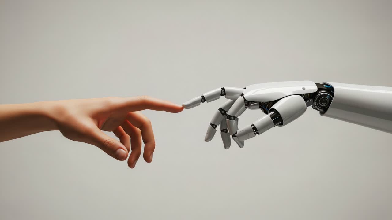 The Touch of Humanity: An Elegant Contrast Between a Human Hand and a Robotic Hand Engaging in a Moment of Connection and Creation