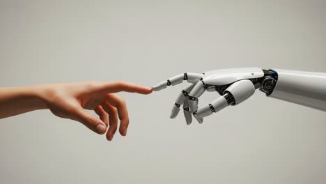 the touch of humanity: an elegant contrast between a human hand and a robotic hand engaging in a moment of connection and creation