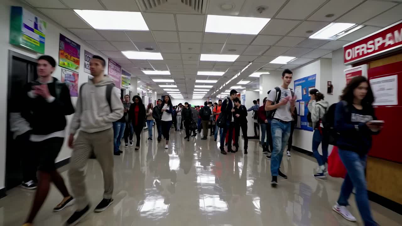 Lorong yang ramai dipenuhi siswa, diambil dari sudut rendah, bidikan lebar.