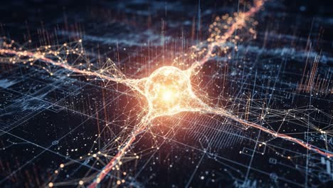 an intricate visualization of neural networks and data processing dynamics showcasing a glowing central node amidst complex connections and graphical patterns