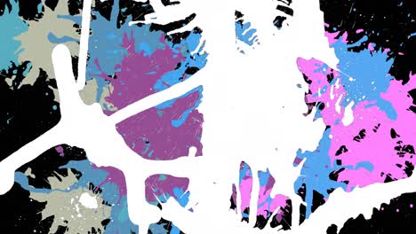 animation of blue, purple, black, white and grey paint splats on white background