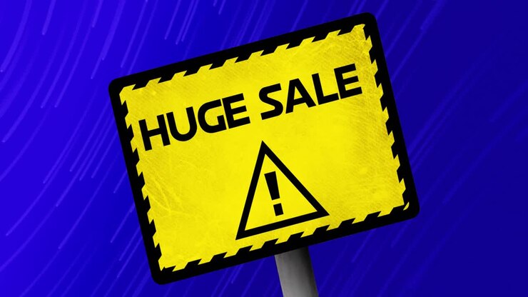 Animation of yellow board with huge sale text and alert sign over lines moving on blue background