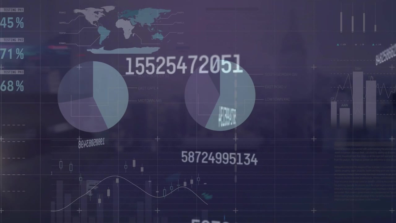 Animación de números cambiantes y procesamiento de datos estadísticos sobre una vista aérea de un paisaje urbano