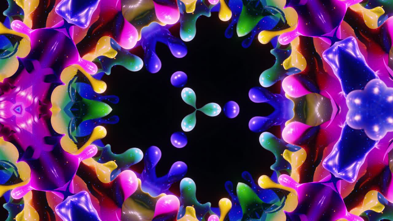 추상적인 파동과 함께 칼레도스코프 효과 (abstract symmetrical 3d structures like liquid kaleidoscope in looped animation, smooth color gradients with glow glitter, beautiful abstract bg 3d pattern)