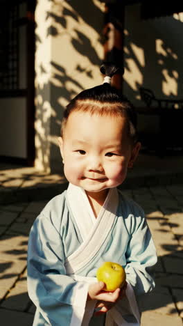 baby in traditional chinese costume holding an apple