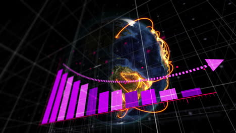 Animation-of-arrow-on-falling-graph-and-lines-on-rotating-globe-against-space