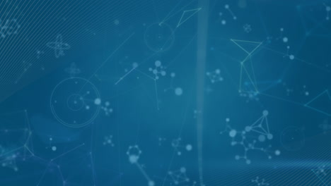 animación de estructuras moleculares, red de conexiones y ondas digitales contra un fondo azul