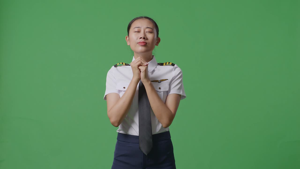 아시아 여성 조종사가 녹색 스크린 배경 스튜디오에 서서 무언가를 위해 기도하고 있습니다.