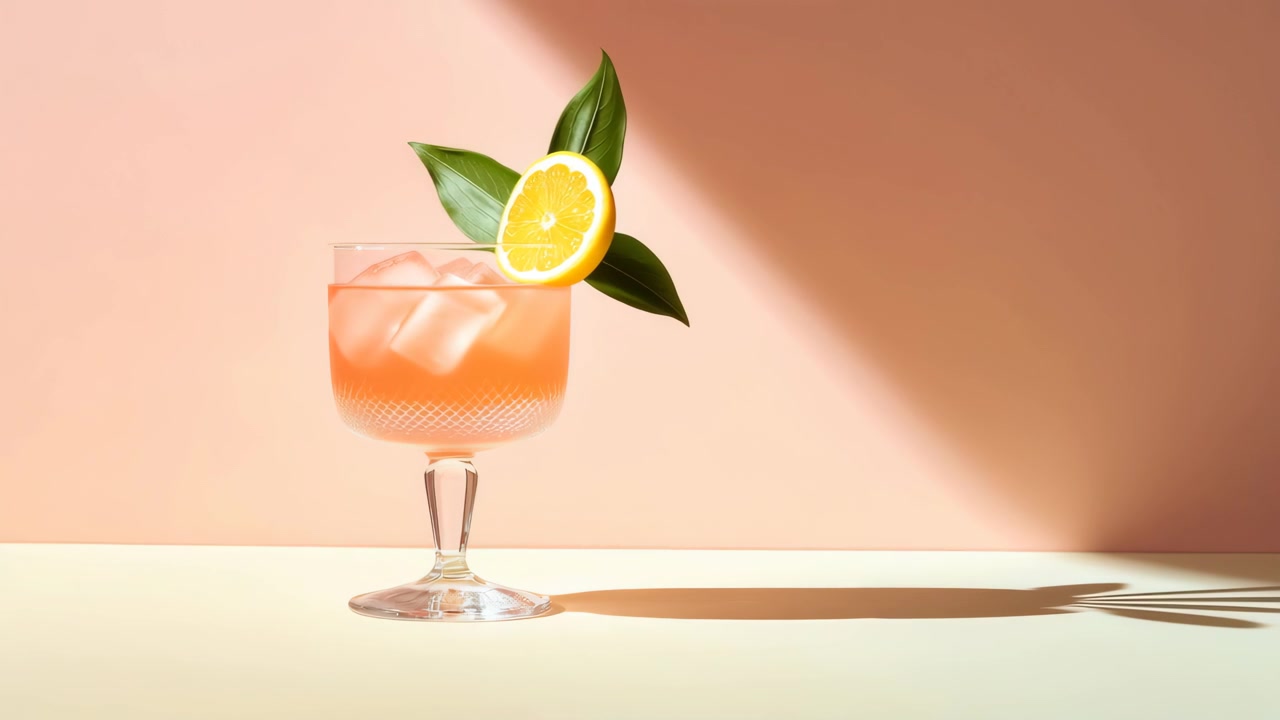Cocktail rinfrescante con limone e ghiaccio su sfondo rosa