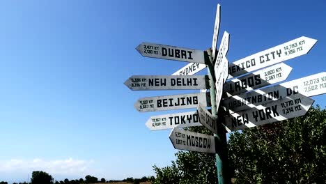 cities distance arrow white signs against clear blue sky, low angle, circle pan