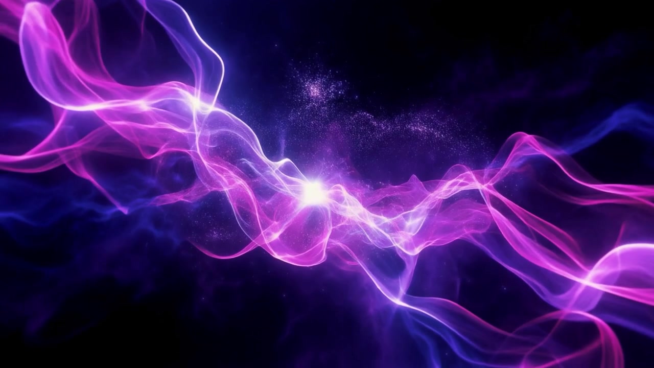 Ondas de energía púrpuras y azules brillantes abstractas fluyendo en el espacio oscuro