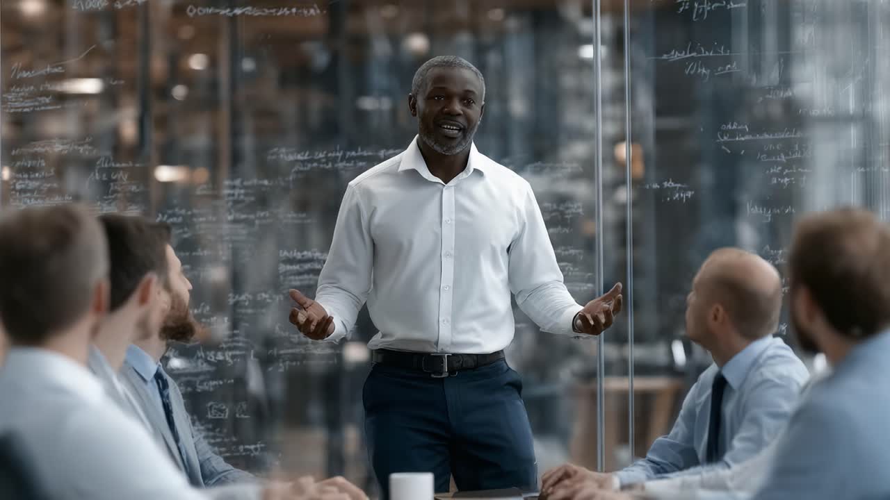 A Confident Leader Engaging in a Strategic Business Presentation with Team Members in a Modern Conference Room Setting