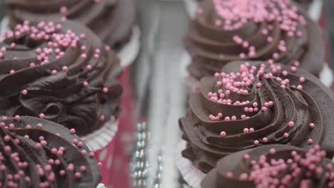 close-up of chocolate cupcakes with pink sprinkles