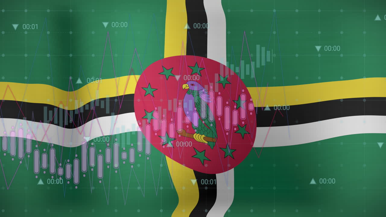 배경에 도미니카의  ⁇ 발을 흔들고 있는 금융 데이터 처리