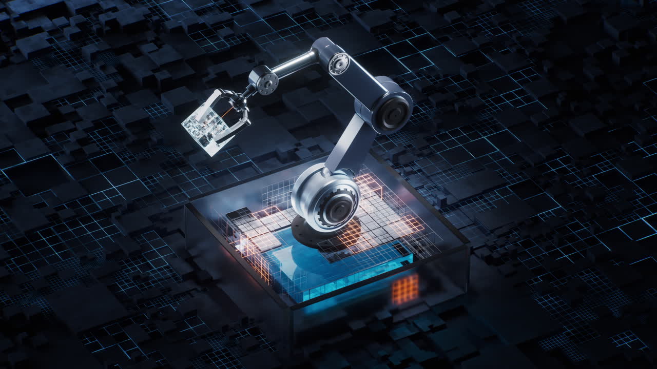 механическая рука с технологическим схемой фона, 3d-рендерирование.