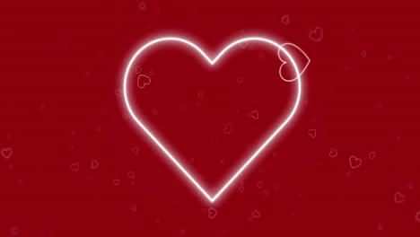 Animación-De-Iconos-De-Corazones-Rojos-Flotando-Y-Corazón-De-Neón-Sobre-Fondo-Rojo