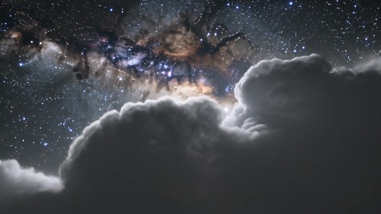 Drifting large cloud bank thinning, revealing Milky Way band at night, backlit rims, driven by wind