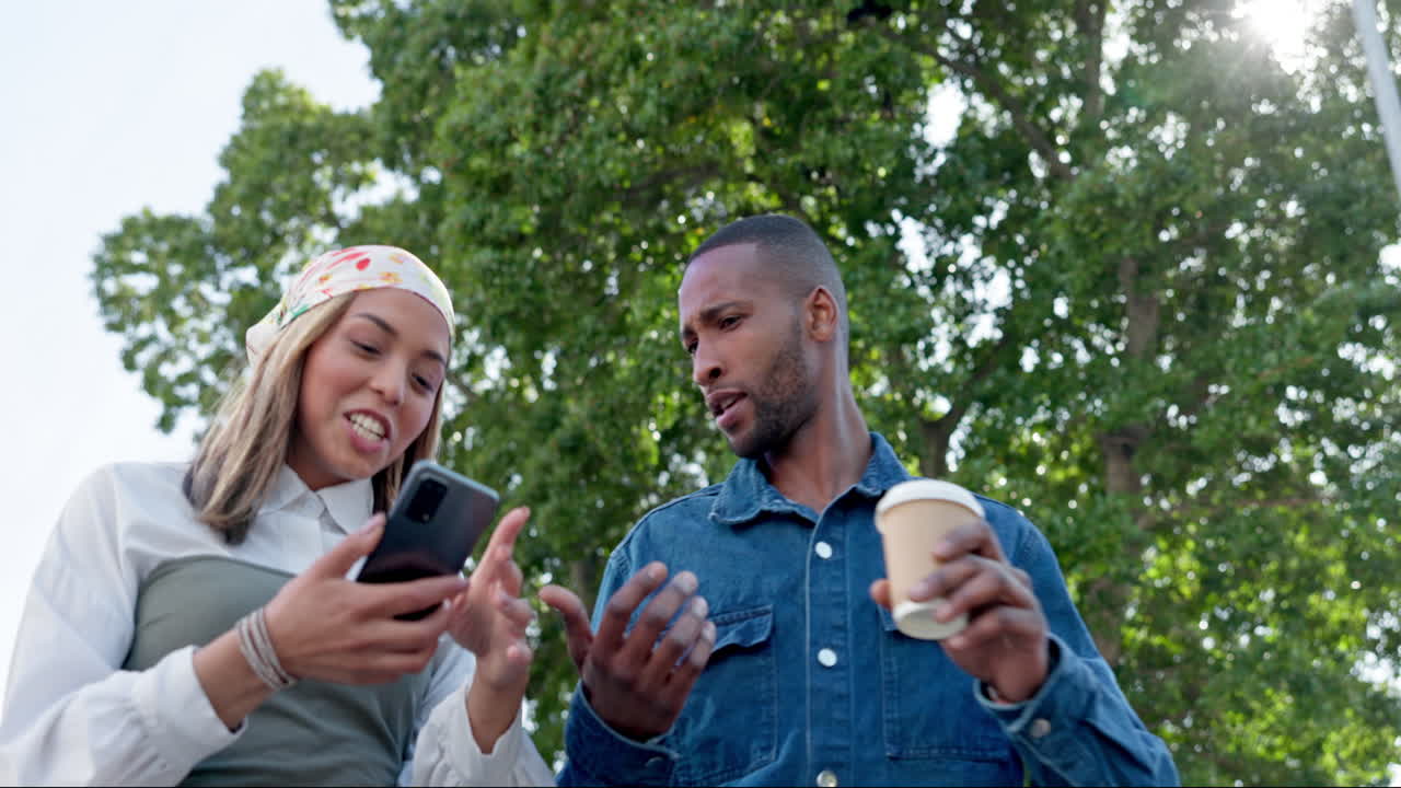 Young businessman, woman and phone on outdoor walk