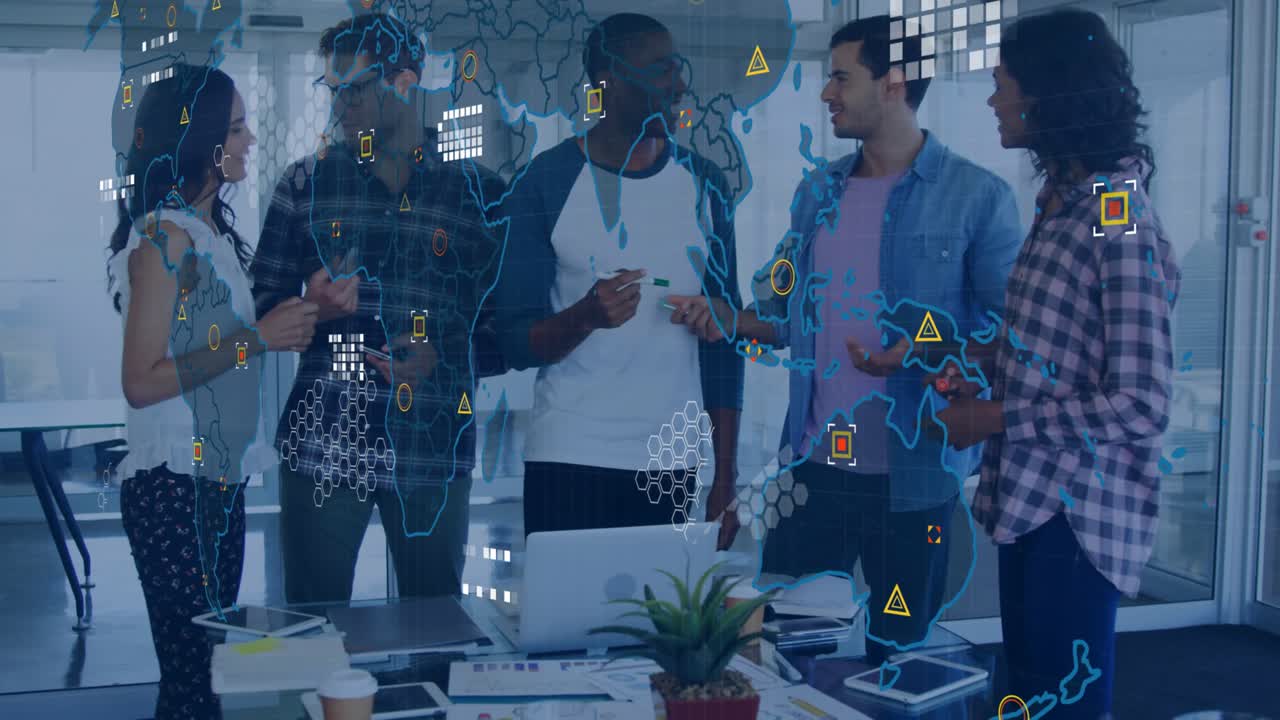 Business team brainstorming reviewing charts while world map overlay appearing guiding strategy