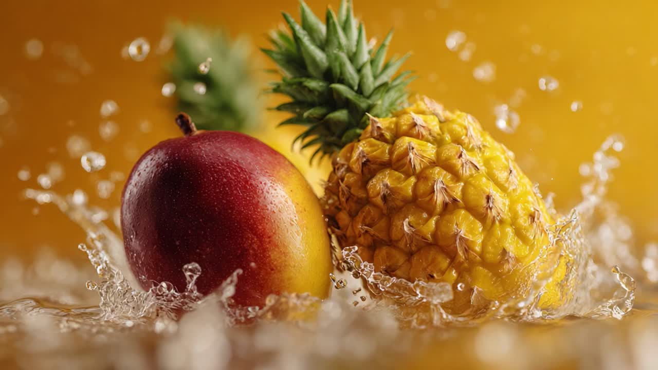 A Splashing Delight: Juicy Mango and Pineapple Creating a Vibrant Visual in Water with Reflections and Glorious Golden Background