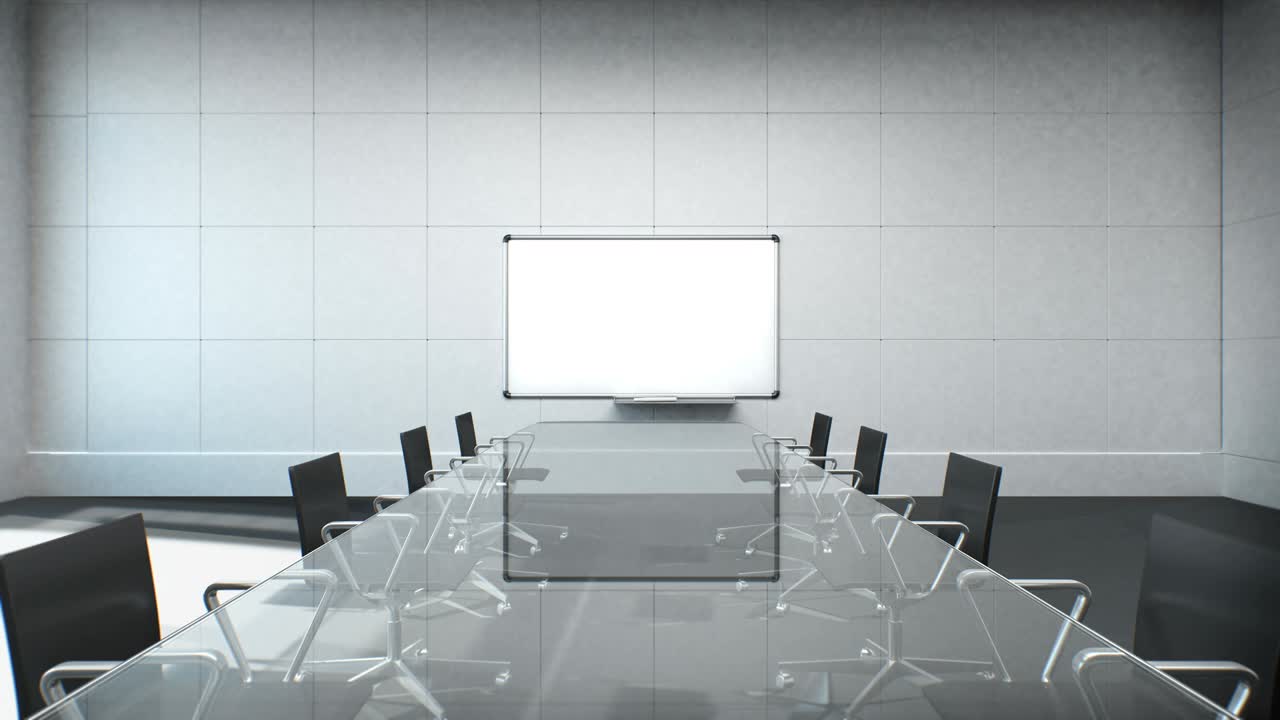 실제 회의실, 브레인스토밍, 앞으로 움직이는 카메라, 전면 화이트보드, 4k 애니메이션