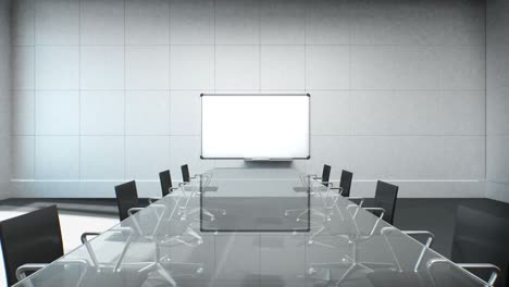 real conference room, brainstorming, forward moving camera, front white board. 4k animation.