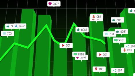 Animation-Von-Benachrichtigungsleisten-Und-Mehreren-Diagrammen-Mit-Gittermuster-Auf-Schwarzem-Hintergrund