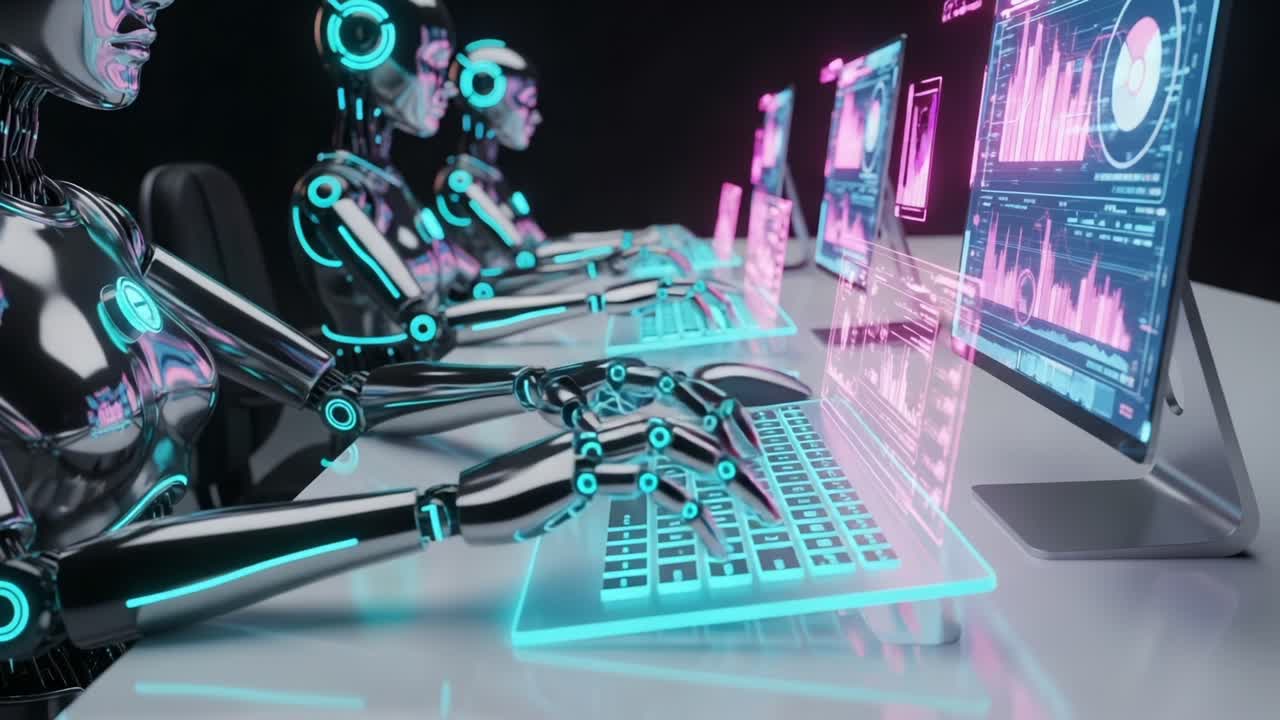 Advanced Robotics: A Futuristic Work Environment Showcasing Human-Like Robots Engaged in Data Analysis with High-Tech Displays and Interactive Interfaces