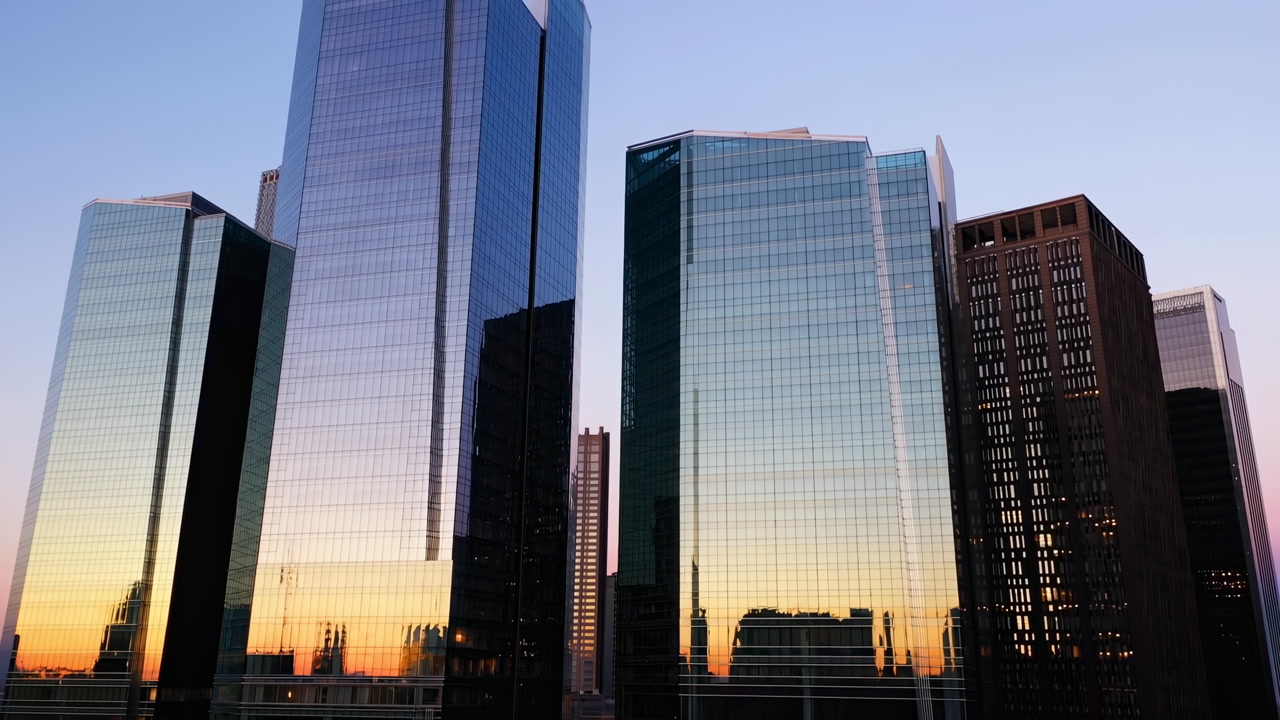 Sunset Skyline With Mirrored Glass Reflecting Golden Hour Over Downtown Corporate Towers, Calm Dusk Hues