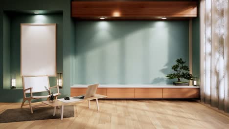 diseño de pared de menta habitación con decoración, lámpara, plantas, alfombra, sofá renderización 3d