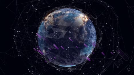animation of purple light trails and network of connections over spinning globe on black background