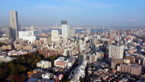 a bustling cityscape with skyscrapers and blue sky, aerial view