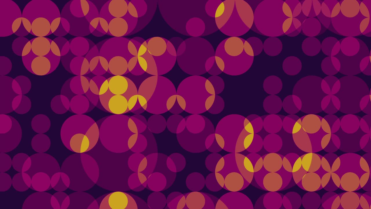 Geometric pattern of blinking and pulsing overlapping dots and circles in vibrant warm tones with dark background - rhythmic hypnotic effect, classic 60s and 70s psychedelic design aesthetics