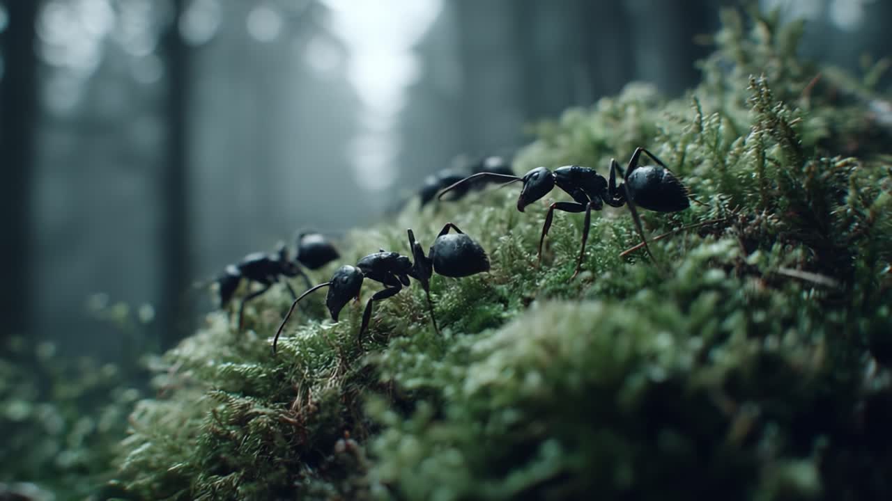 A Close-Up Exploration of Ants Traversing a Lush Green Forest Floor, Showcasing Their Intricate Movement and Natural Habitat Under a Misty Atmosphere