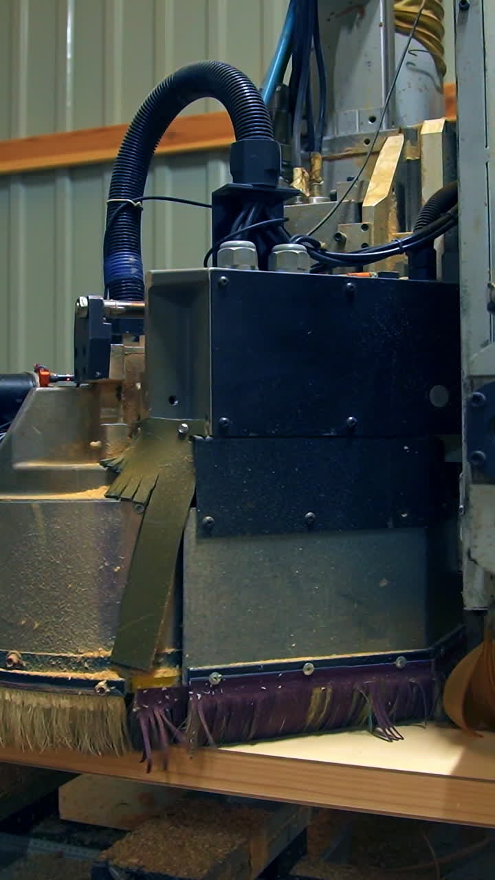 Polishing the wooden part of the future door. Automatic tool machine moves over the surface of timber plank. Vertical video