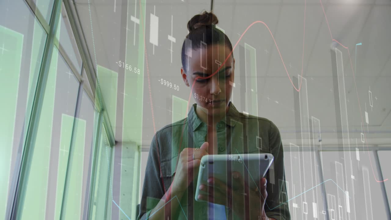 Woman analyst tapping tablet, swiping screen, overlaying candles and trend charts for market study