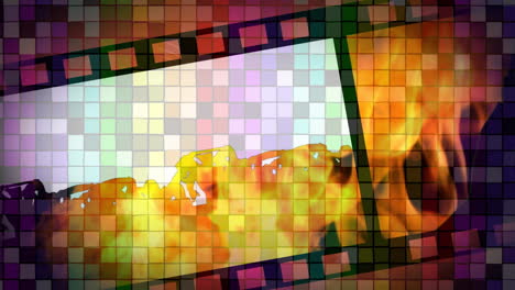 animation of cinema film with fire and mosaic in background