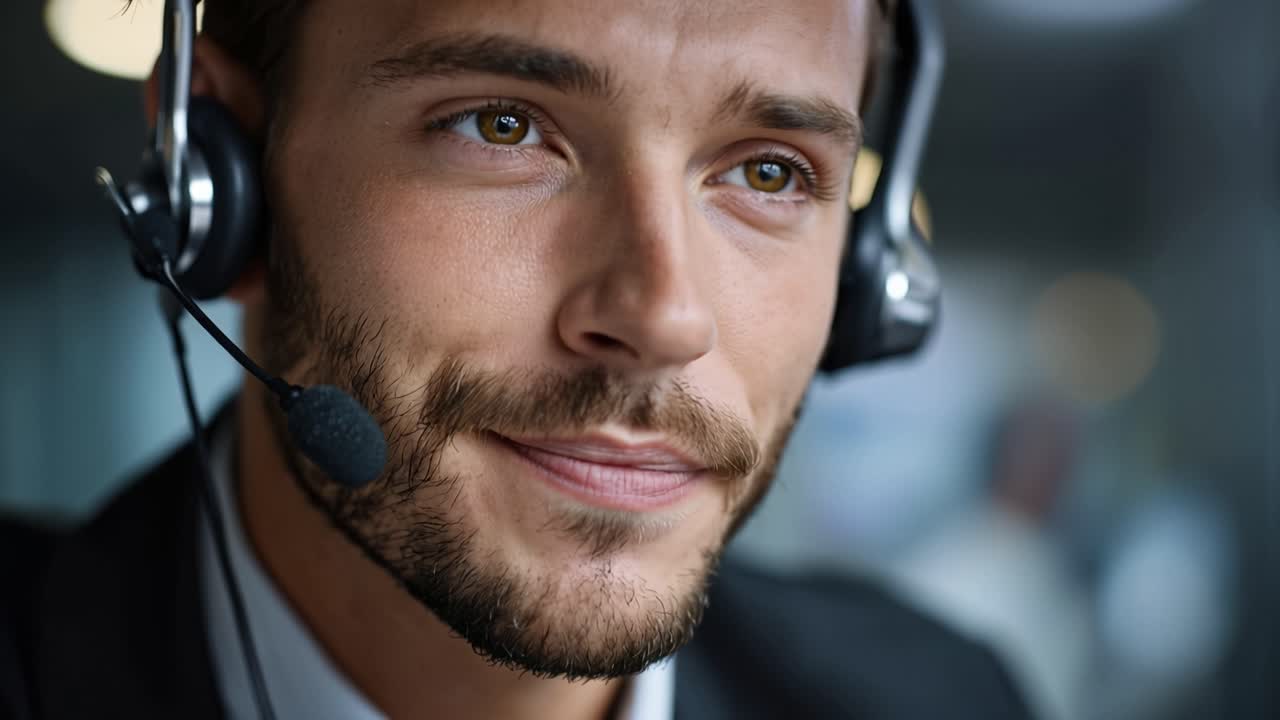 Fokusert agent med hodesett, oppmerksom og profesjonell. Myk fokus viser en rolig, konsentrert fremtoning. Ideelt for kundeservice, teknisk støtte eller visuelt innhold for fjernarbeid. Ingen dyr eller planter er synlige.