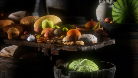 food table with wine barrels and some fruits, vegetables and bread