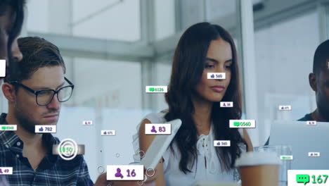 animation of network of digital icons over couple using tablet social media